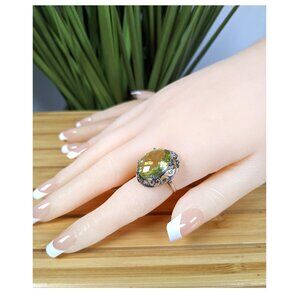 Large Sterling Silver & Faceted Yellow Lemon Quartz Ring Size 7